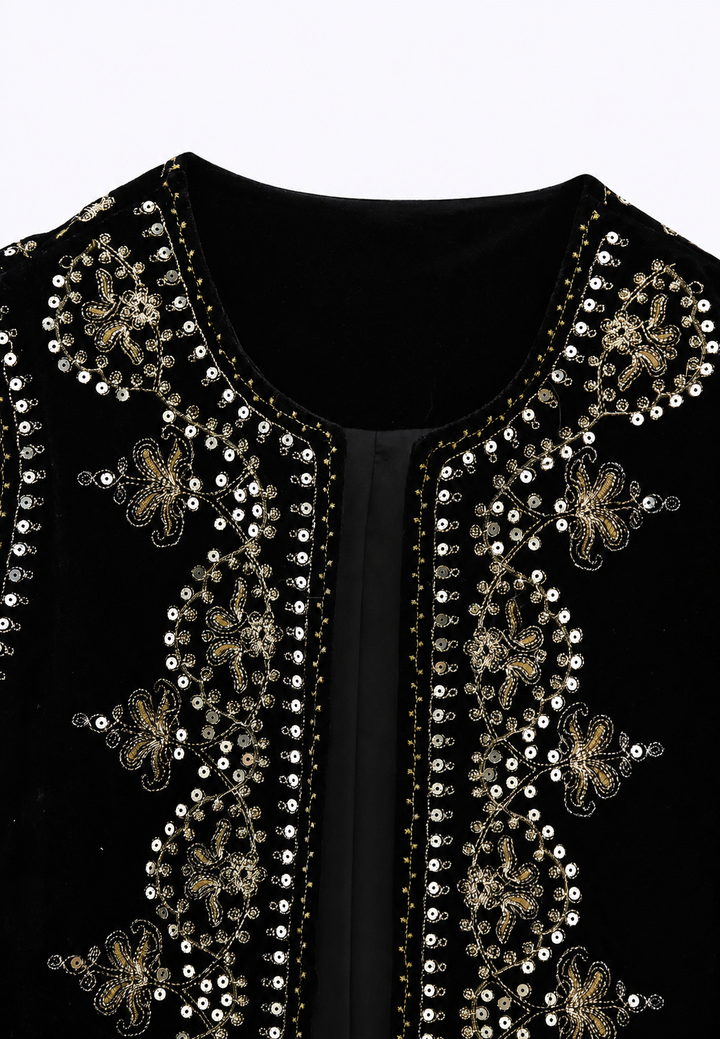 Gilet femme en velours à motifs floraux brodés - Celina