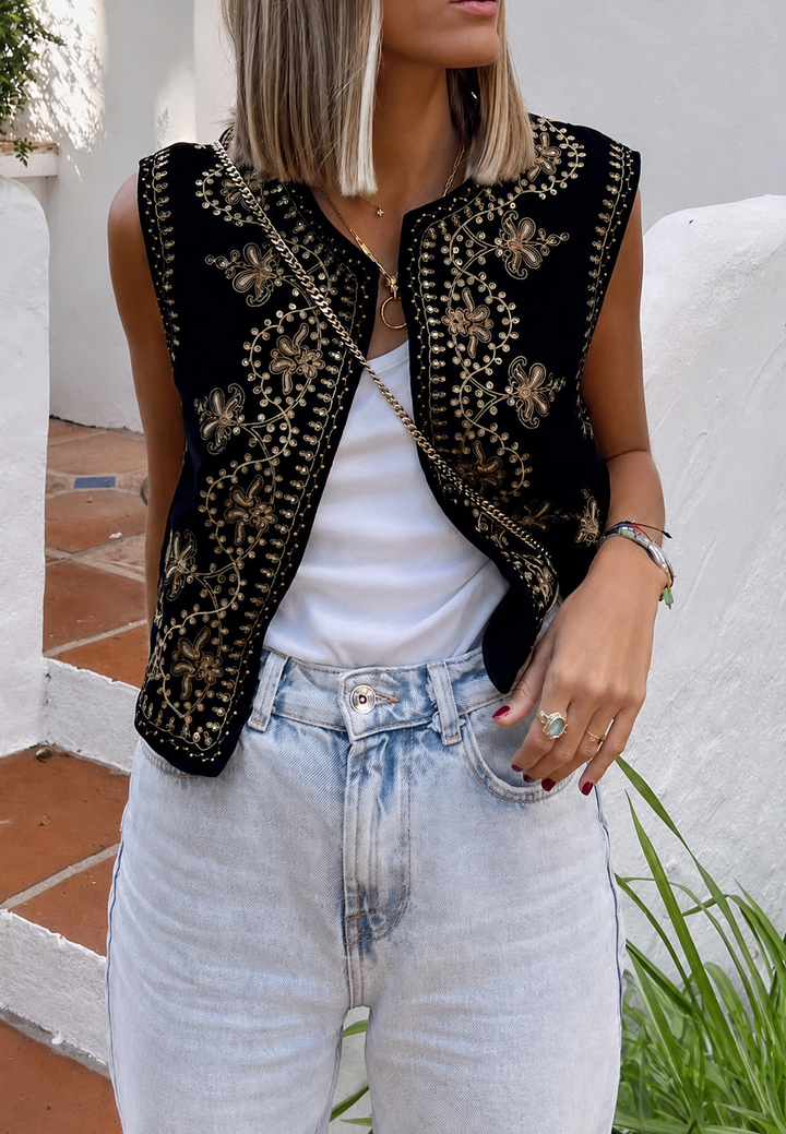 Gilet femme en velours à motifs floraux brodés - Celina