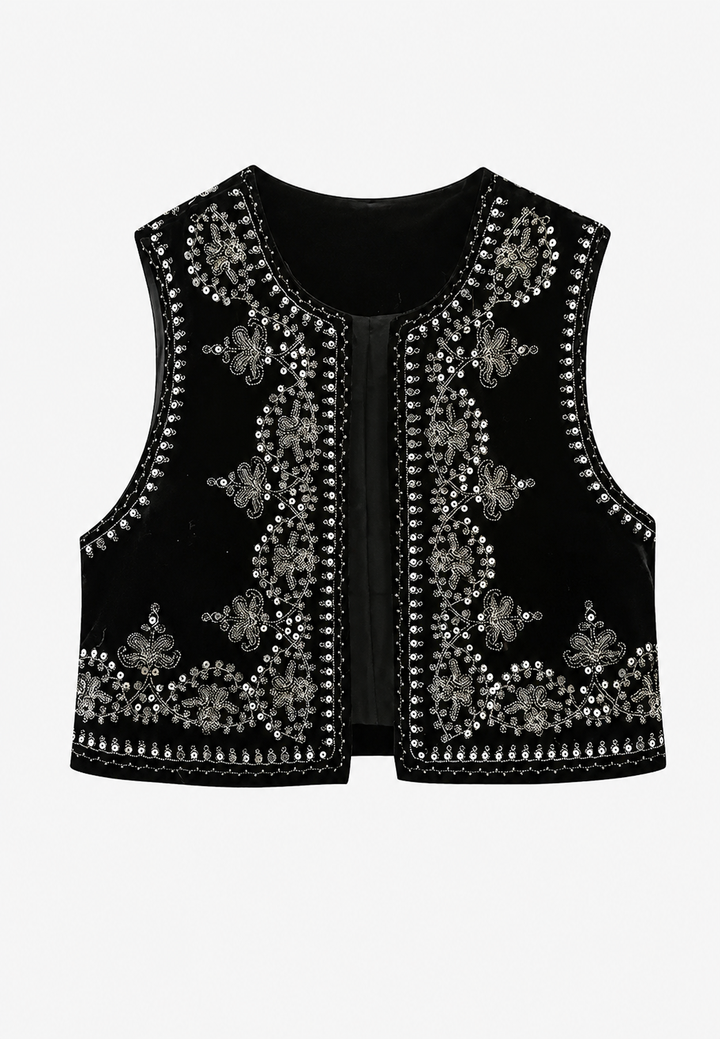 Gilet femme en velours à motifs floraux brodés - Celina