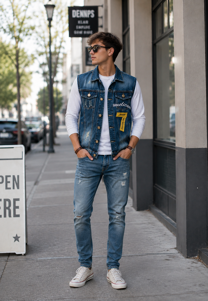 Gilet en jean pour homme brodé, effet délavé - Leander