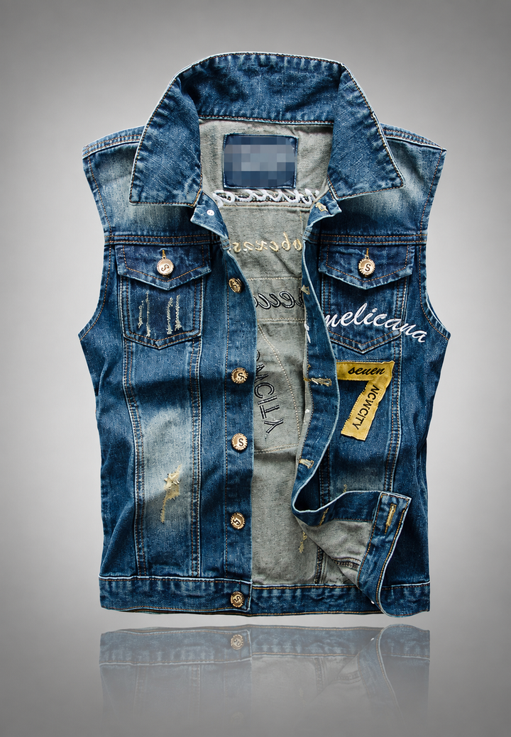 Gilet en jean pour homme brodé, effet délavé - Leander