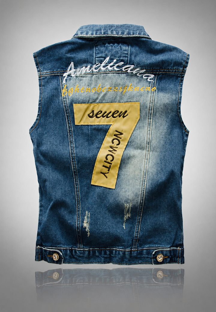 Gilet en jean pour homme brodé, effet délavé - Leander