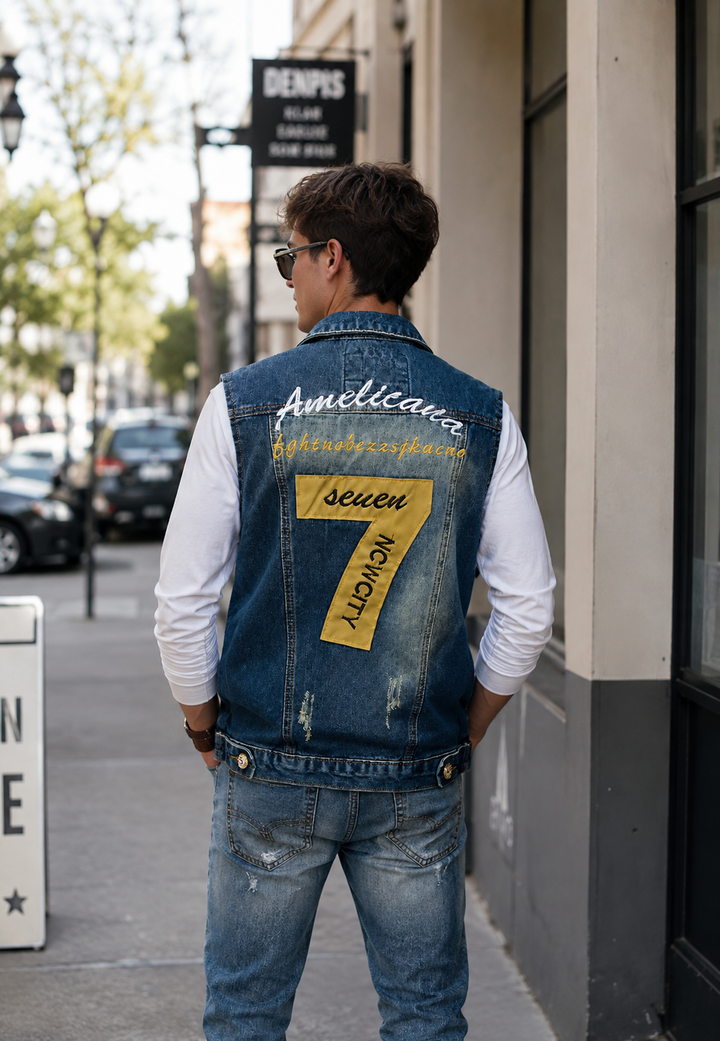 Gilet en jean pour homme brodé, effet délavé - Leander