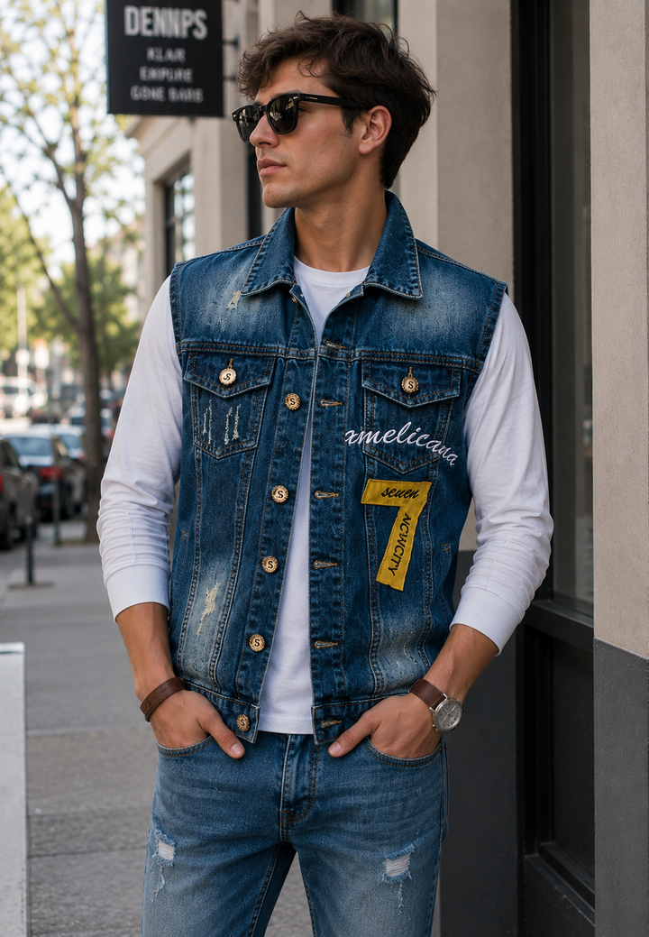 Gilet en jean pour homme brodé, effet délavé - Leander