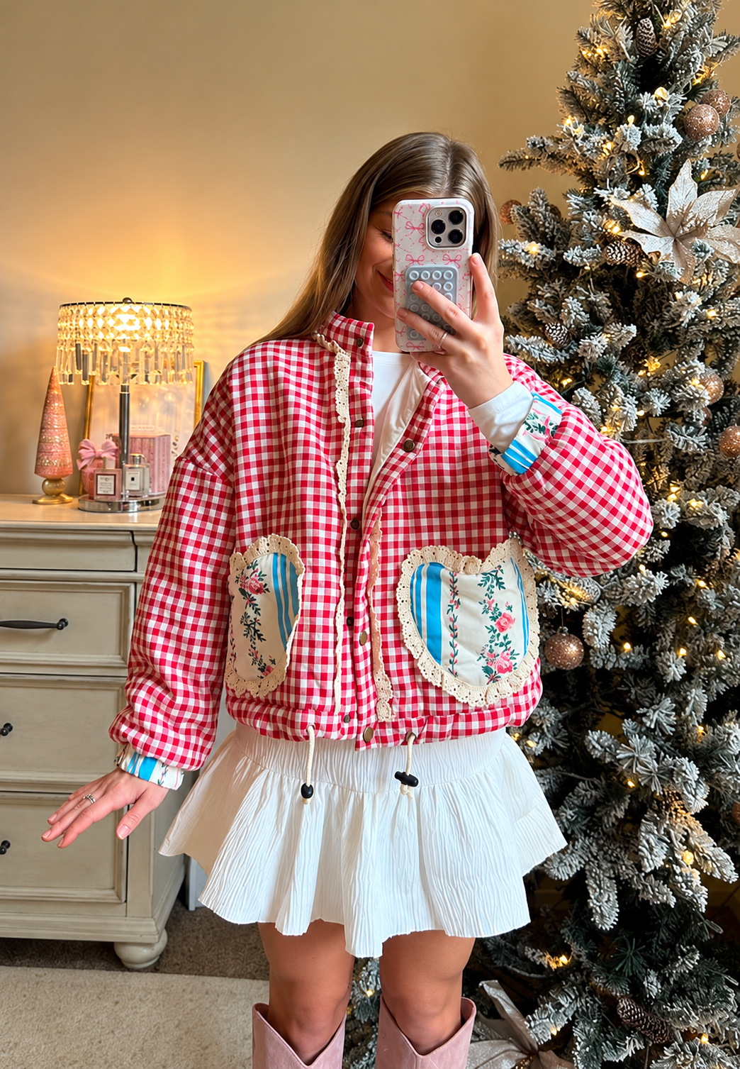 Veste matelassée femme à carreaux vichy et poches cœur - Ysoria
