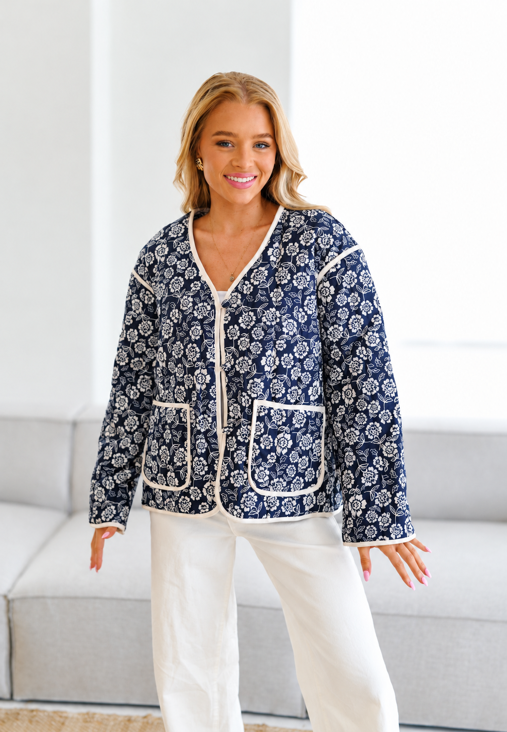 Veste matelassée femme à imprimé floral et bordures contrastantes - Mireva