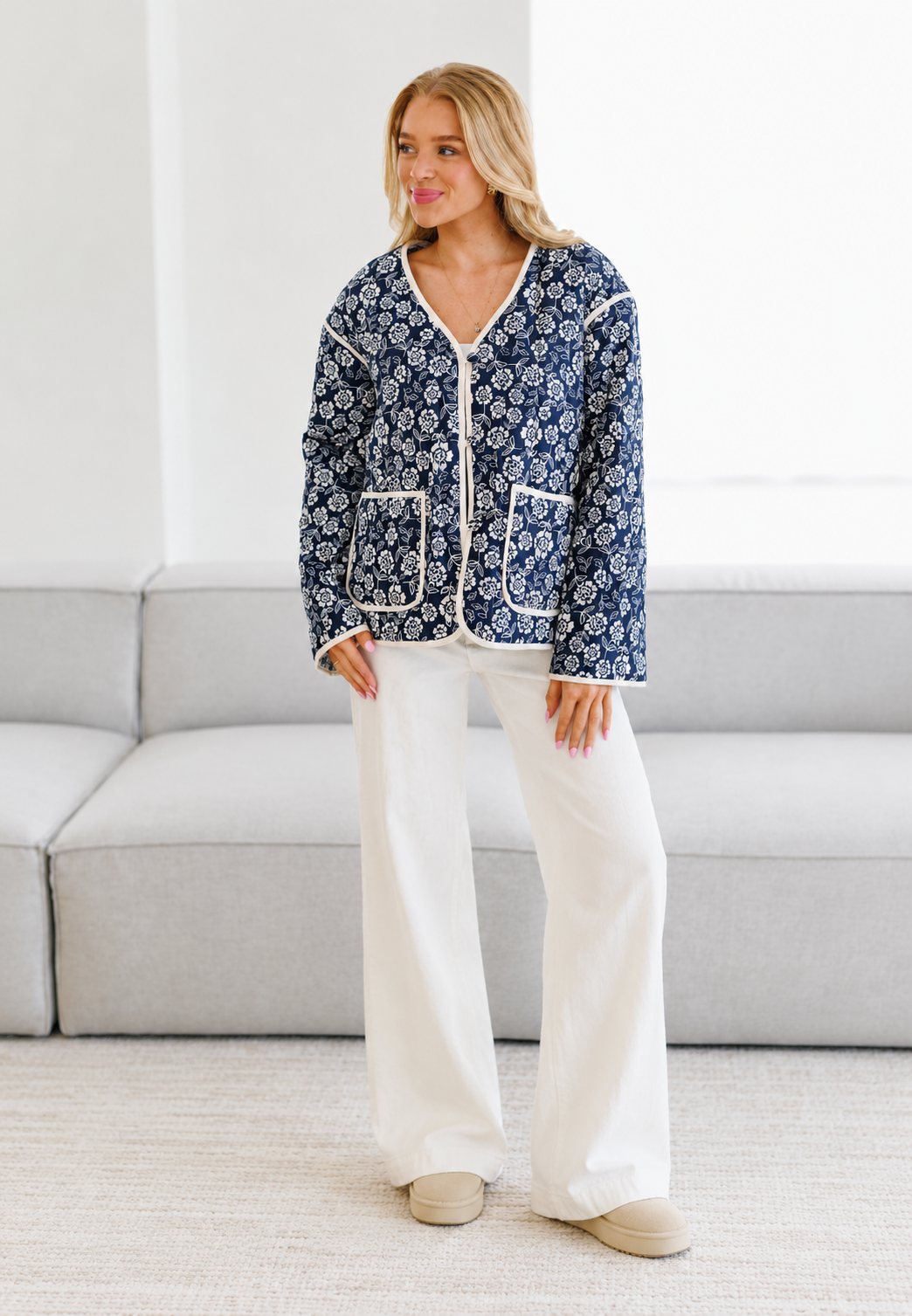 Veste matelassée femme à imprimé floral et bordures contrastantes - Mireva