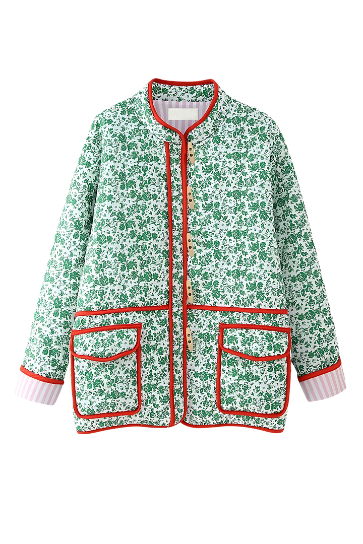 Veste matelassée fleurie femme à bordures contrastantes et brandebourgs - Celindra