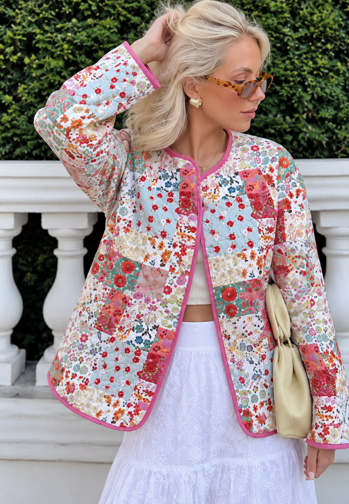 Veste matelassée femme en patchwork floral à bordures roses - Sindella