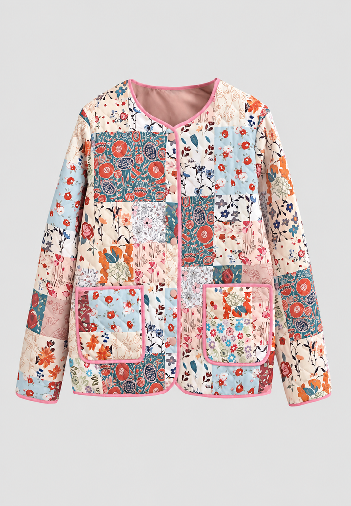 Veste matelassée femme en patchwork floral à bordures roses - Sindella