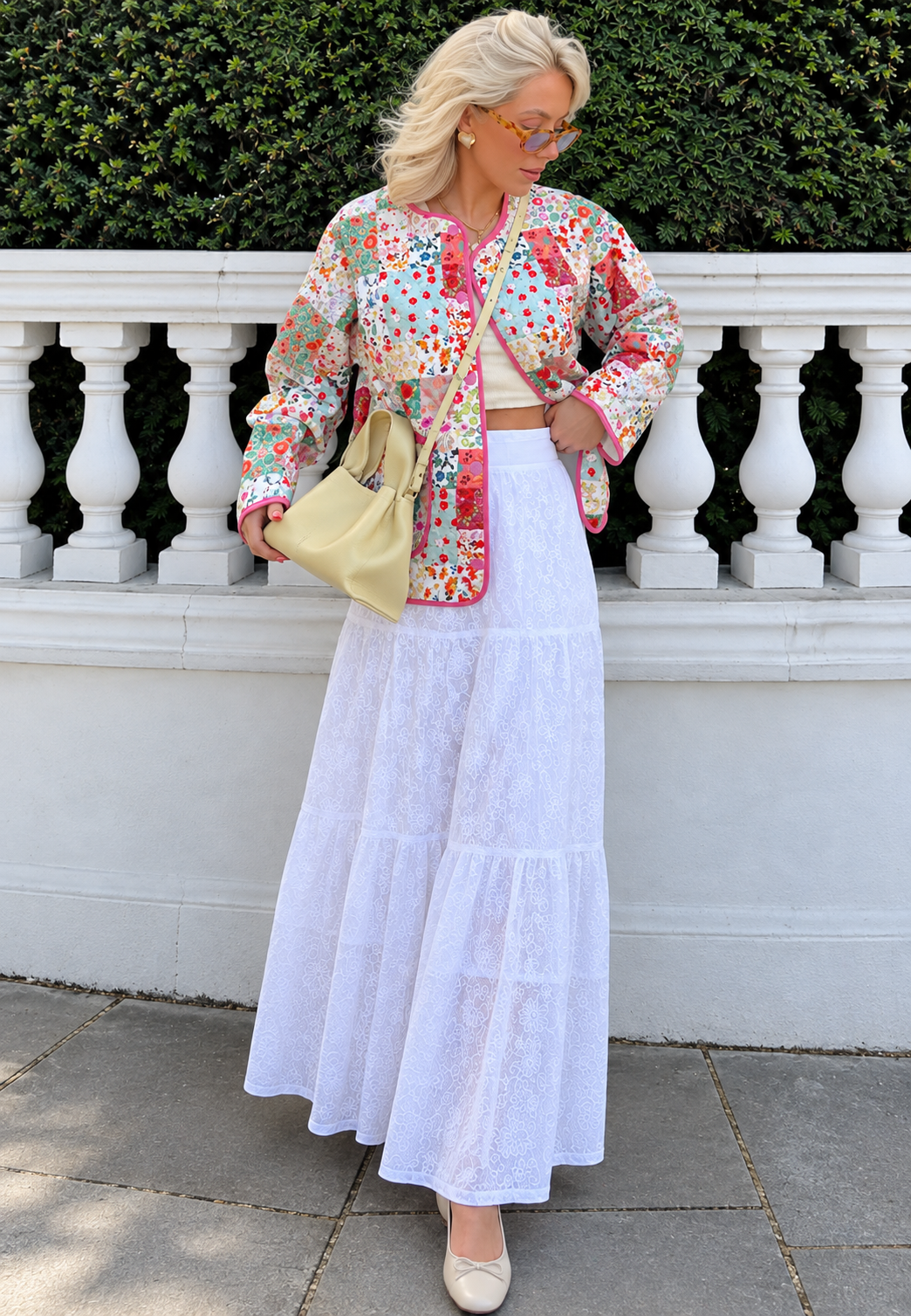 Veste matelassée femme en patchwork floral à bordures roses - Sindella