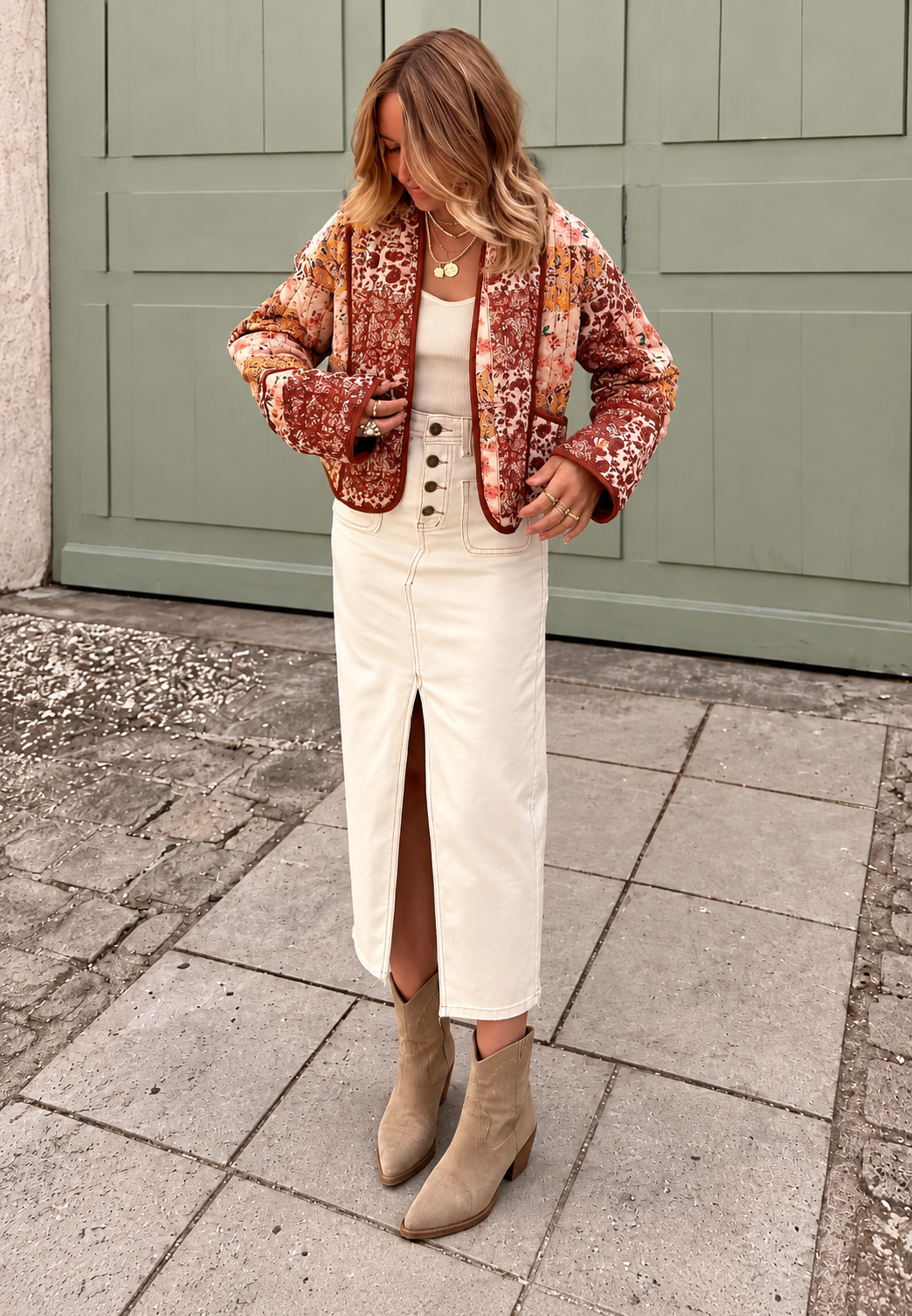 Veste courte matelassée femme à patchwork floral et bordures - Brienne