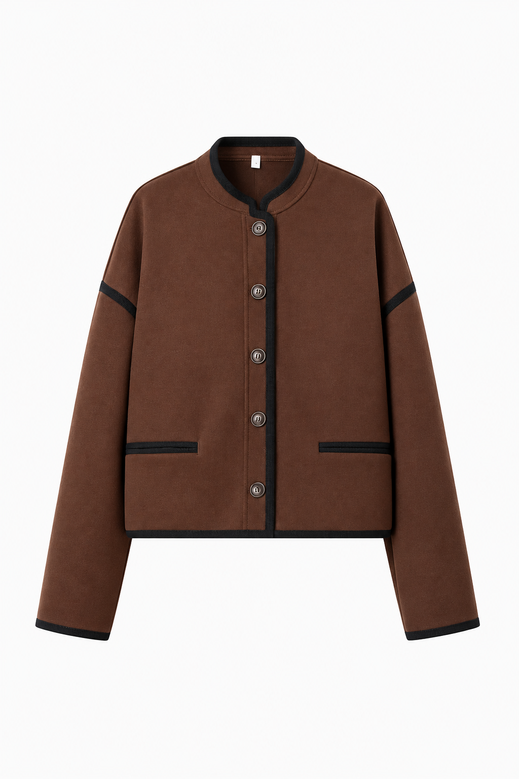 Veste courte femme effet daim à boutons et bordures contrastantes - Sybille