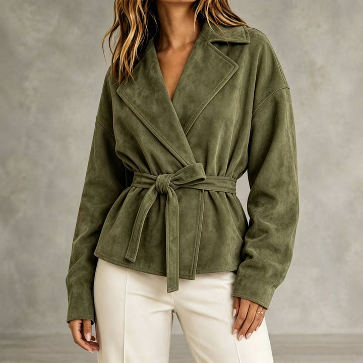 Veste courte pour femme effet daim avec ceinture et revers - Valérie