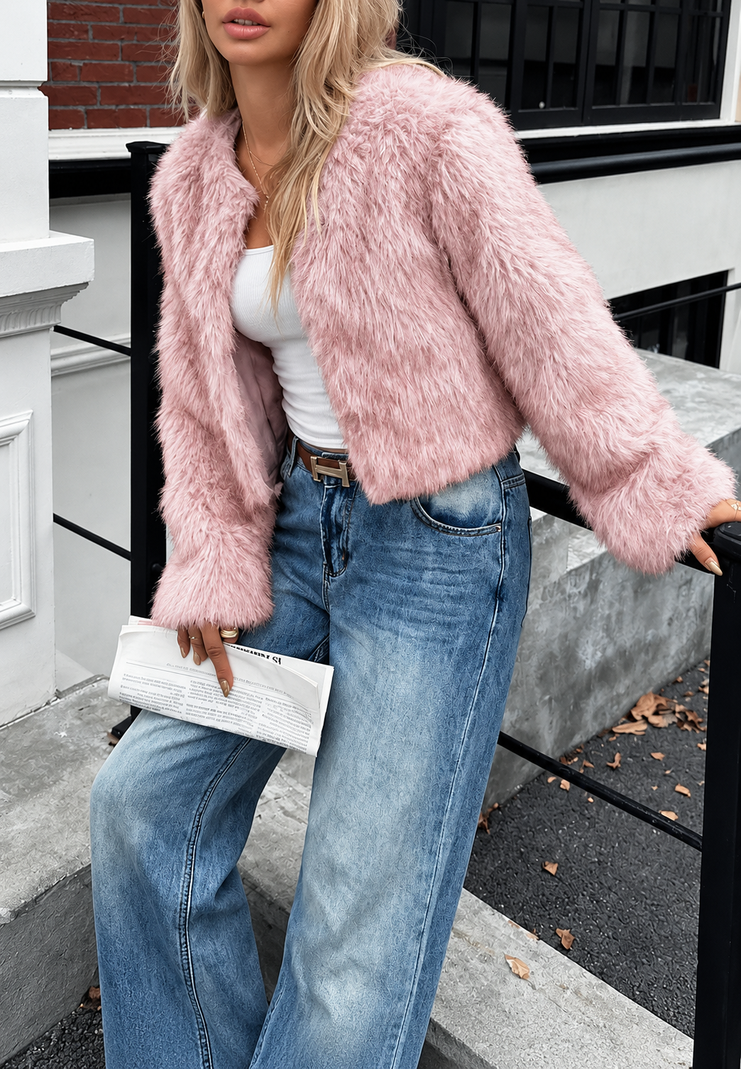 Veste courte pour femme effet fourrure à manches longues - Clémence