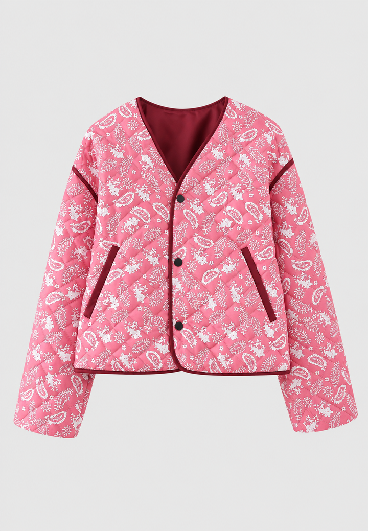 Veste courte femme à imprimé cachemire, matelassage en losanges et bordures contrastantes - Ottavia
