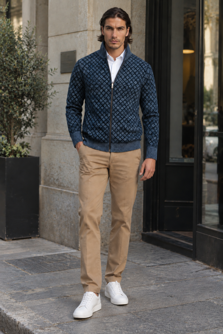 Veste en maille pour homme à motif losanges, col montant et fermeture éclair - Gaëtan