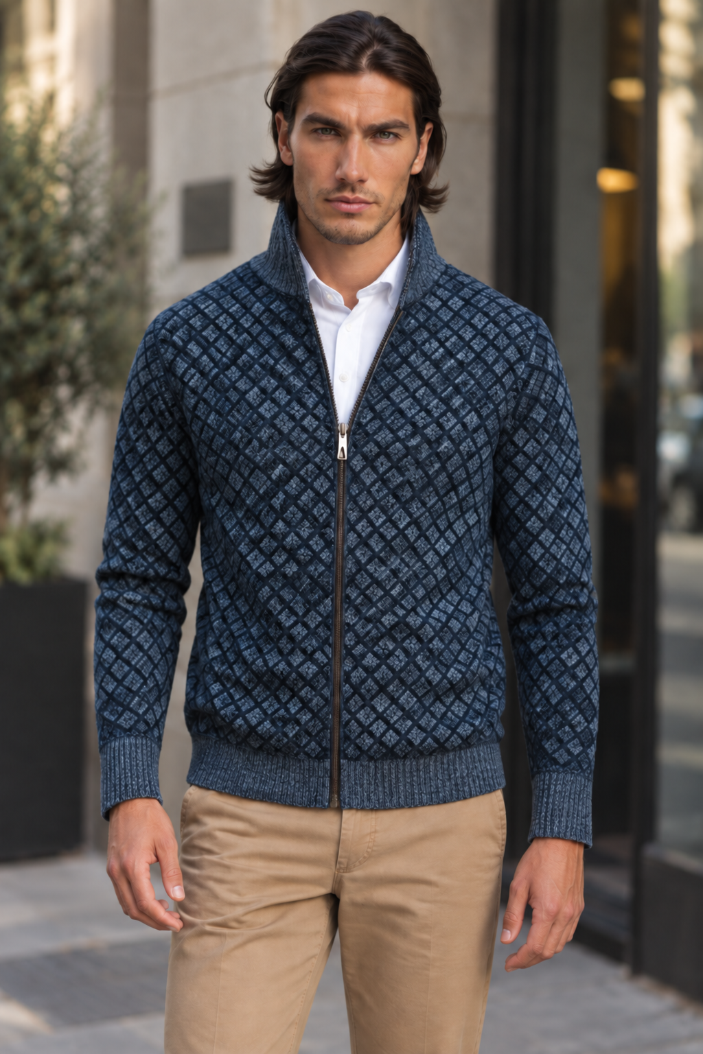 Veste en maille pour homme à motif losanges, col montant et fermeture éclair - Gaëtan