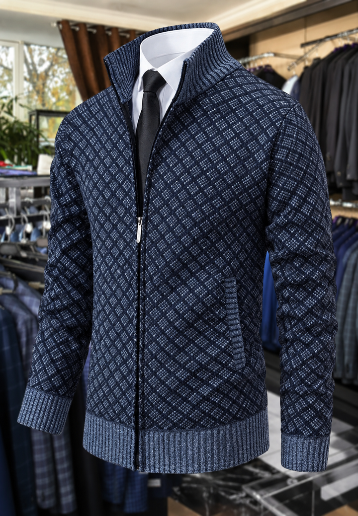 Veste en maille pour homme à motif losanges, col montant et fermeture éclair - Gaëtan