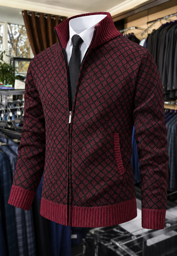 Veste en maille pour homme à motif losanges, col montant et fermeture éclair - Gaëtan