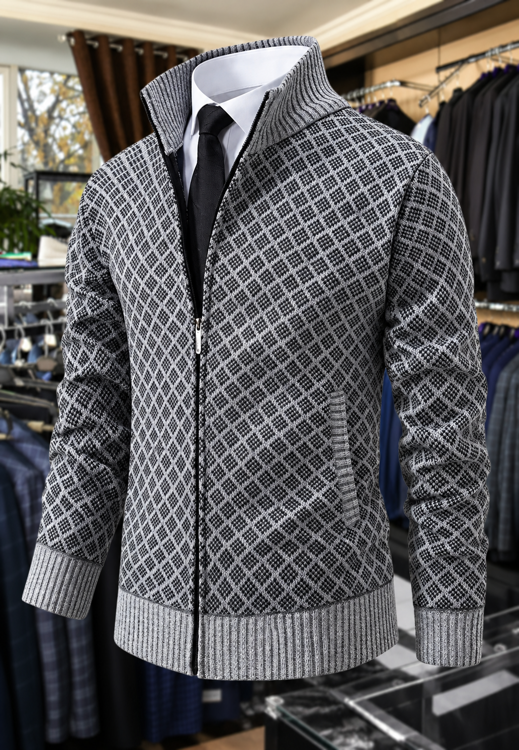 Veste en maille pour homme à motif losanges, col montant et fermeture éclair - Gaëtan