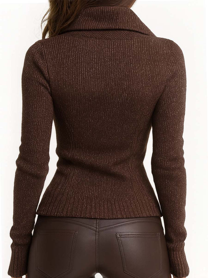 Veste en maille pour femme, fermeture éclair asymétrique, col montant et motif côtelé - Eliska