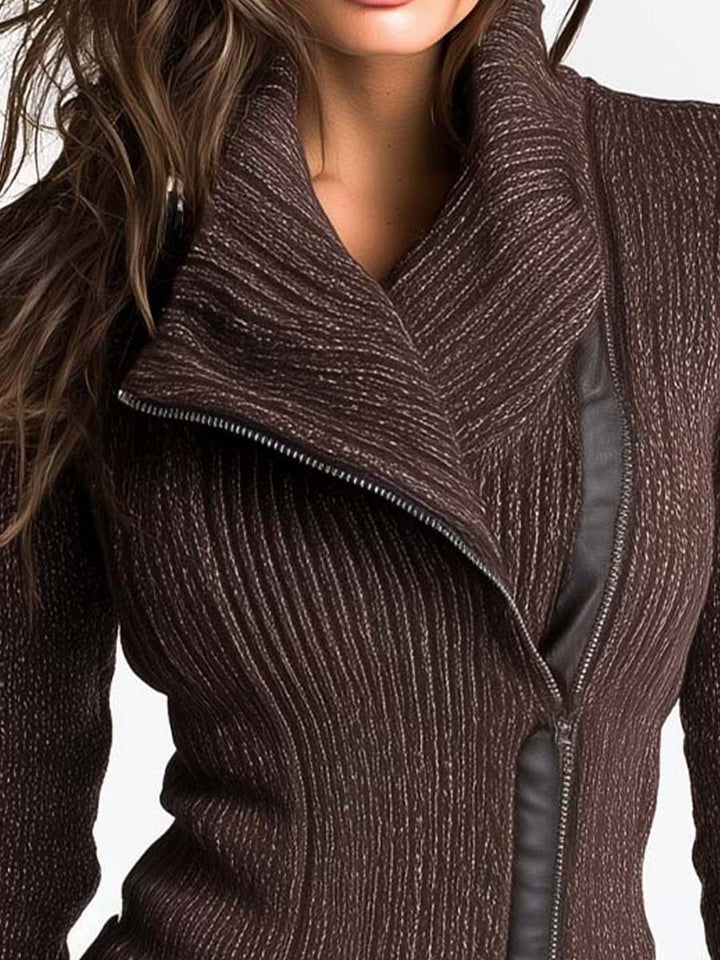 Veste en maille pour femme, fermeture éclair asymétrique, col montant et motif côtelé - Eliska