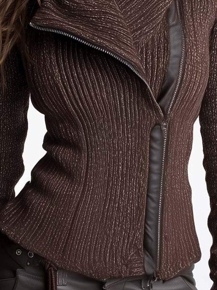 Veste en maille pour femme, fermeture éclair asymétrique, col montant et motif côtelé - Eliska