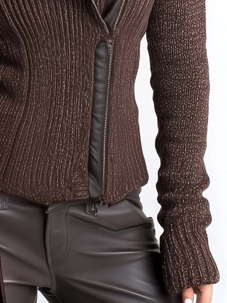 Veste en maille pour femme, fermeture éclair asymétrique, col montant et motif côtelé - Eliska