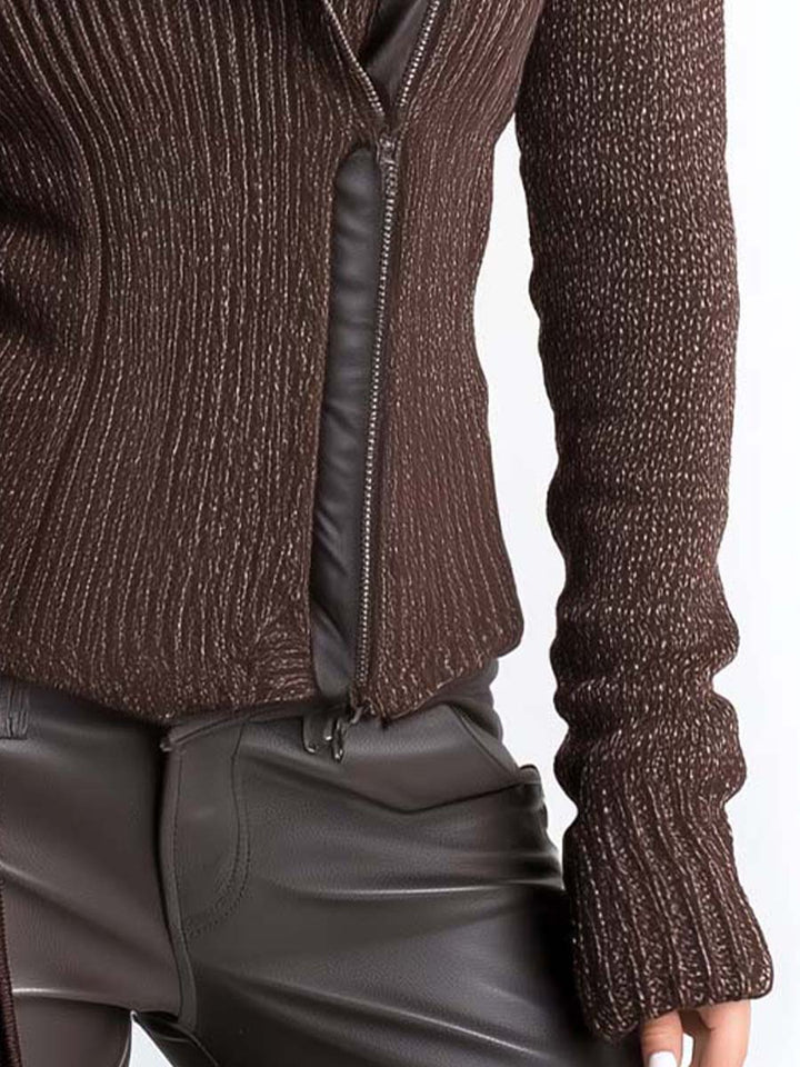 Veste en maille pour femme, fermeture éclair asymétrique, col montant et motif côtelé - Eliska