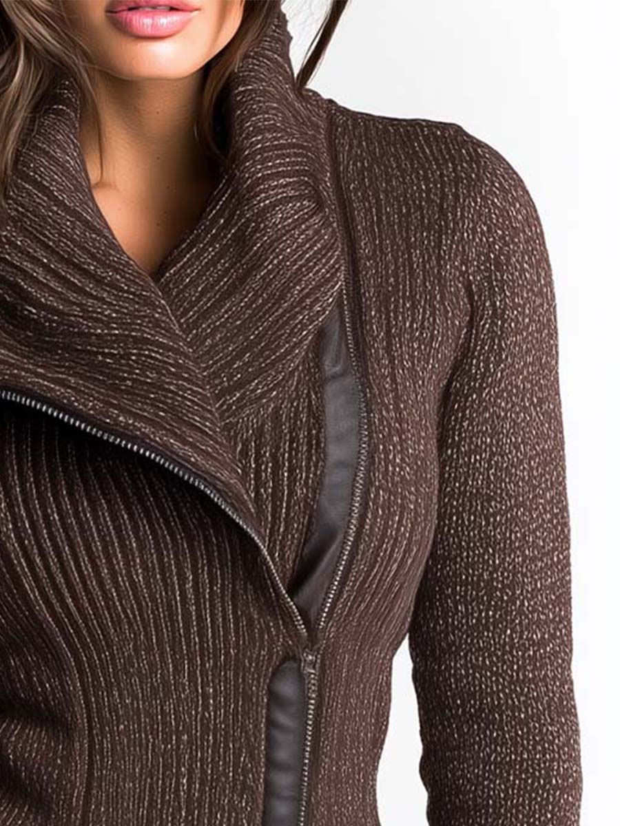 Veste en maille pour femme, fermeture éclair asymétrique, col montant et motif côtelé - Eliska