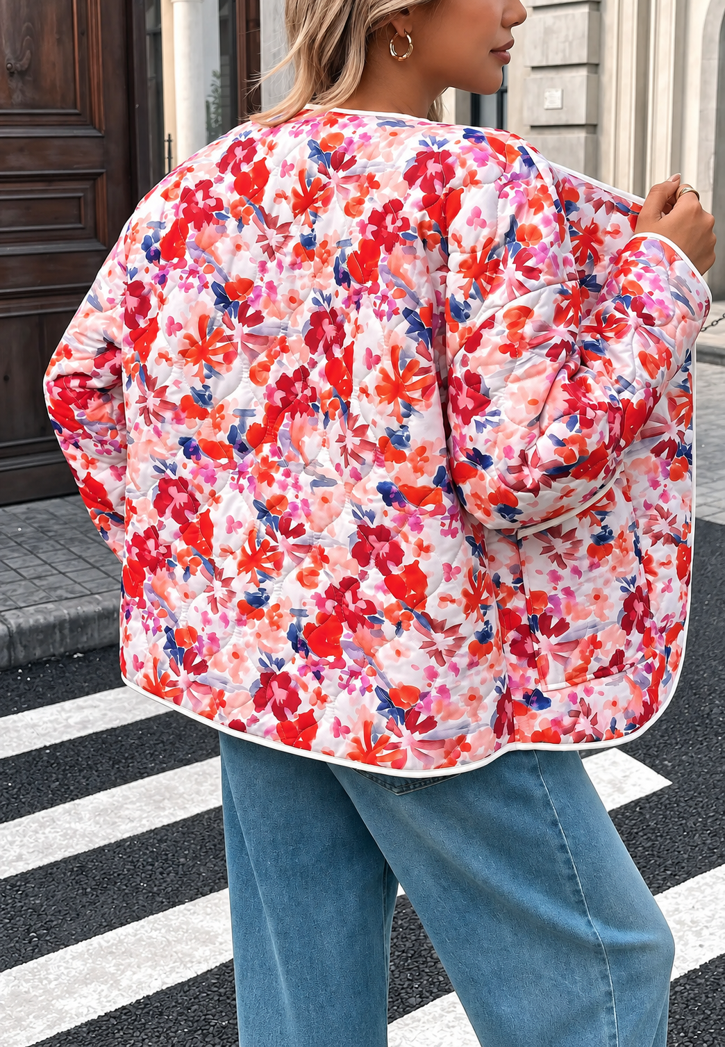 Veste fleurie matelassée femme à poches avant et bordures - Renate