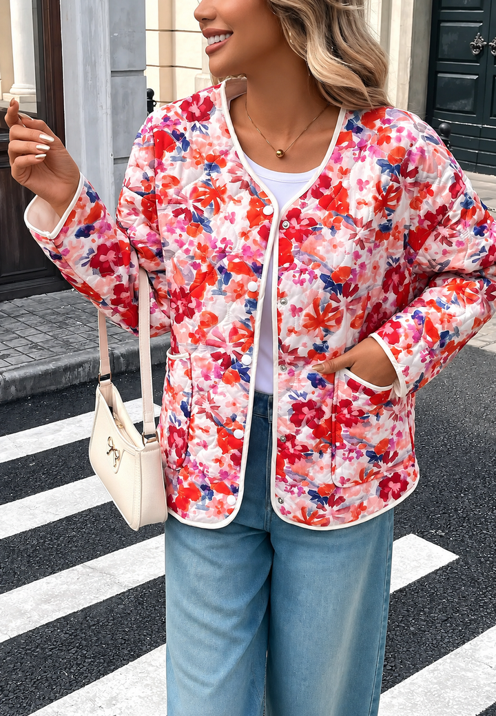 Veste fleurie matelassée femme à poches avant et bordures - Renate
