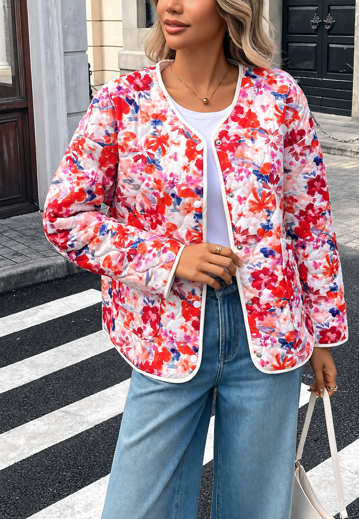 Veste fleurie matelassée femme à poches avant et bordures - Renate