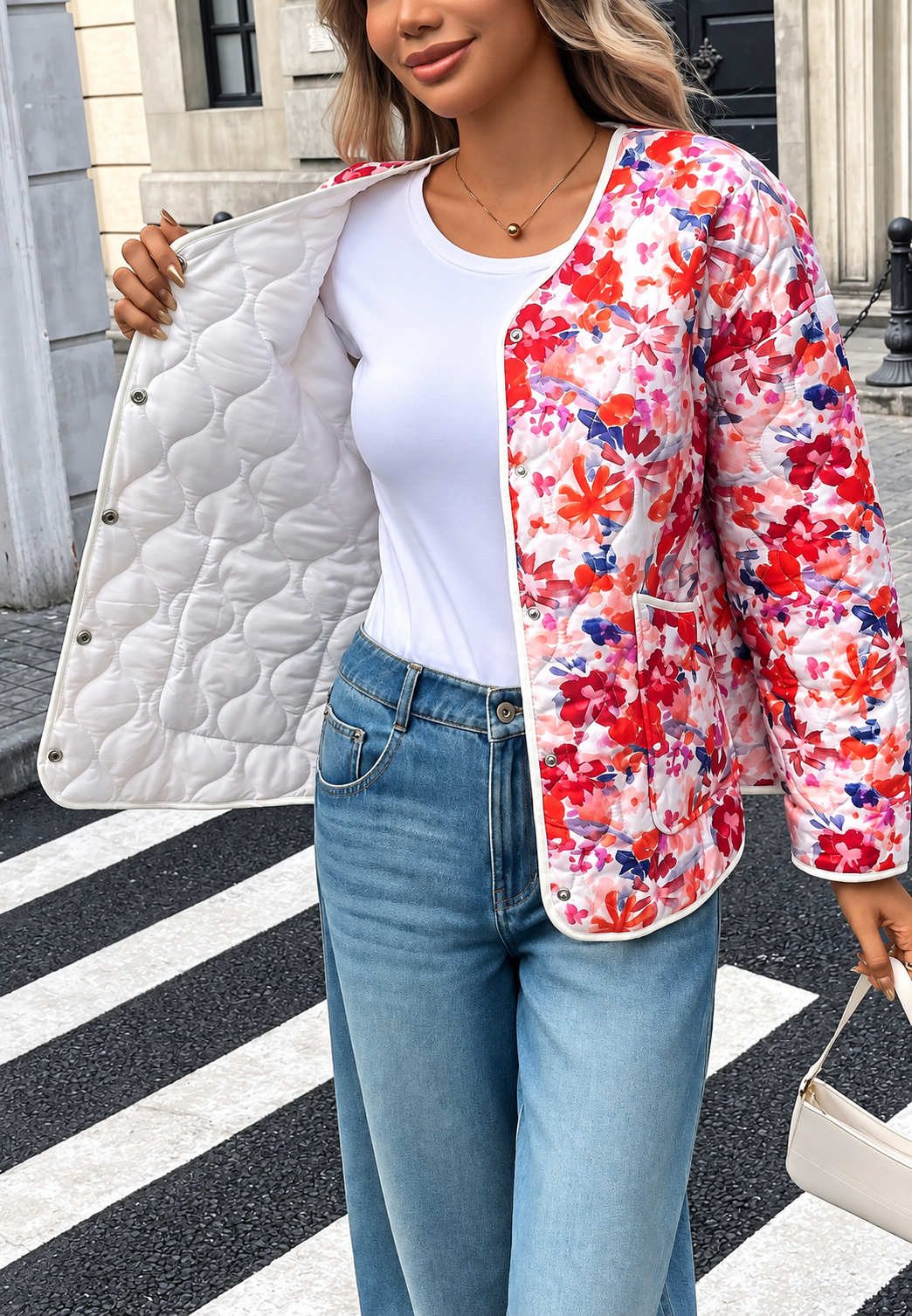 Veste fleurie matelassée femme à poches avant et bordures - Renate