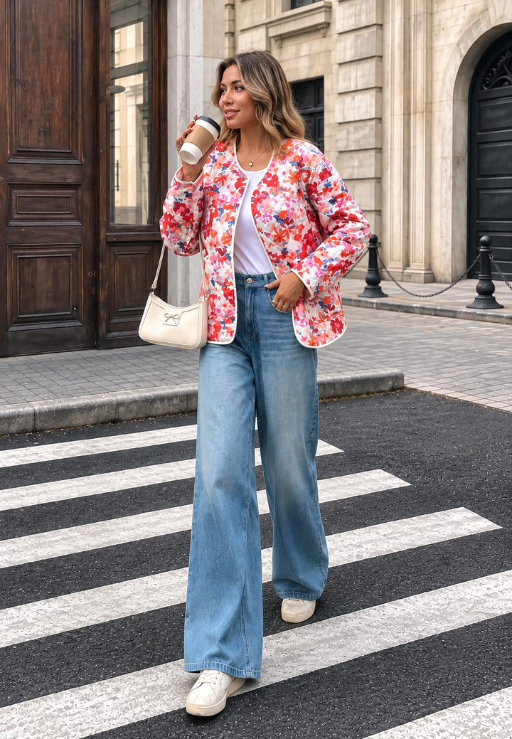 Veste fleurie matelassée femme à poches avant et bordures - Renate