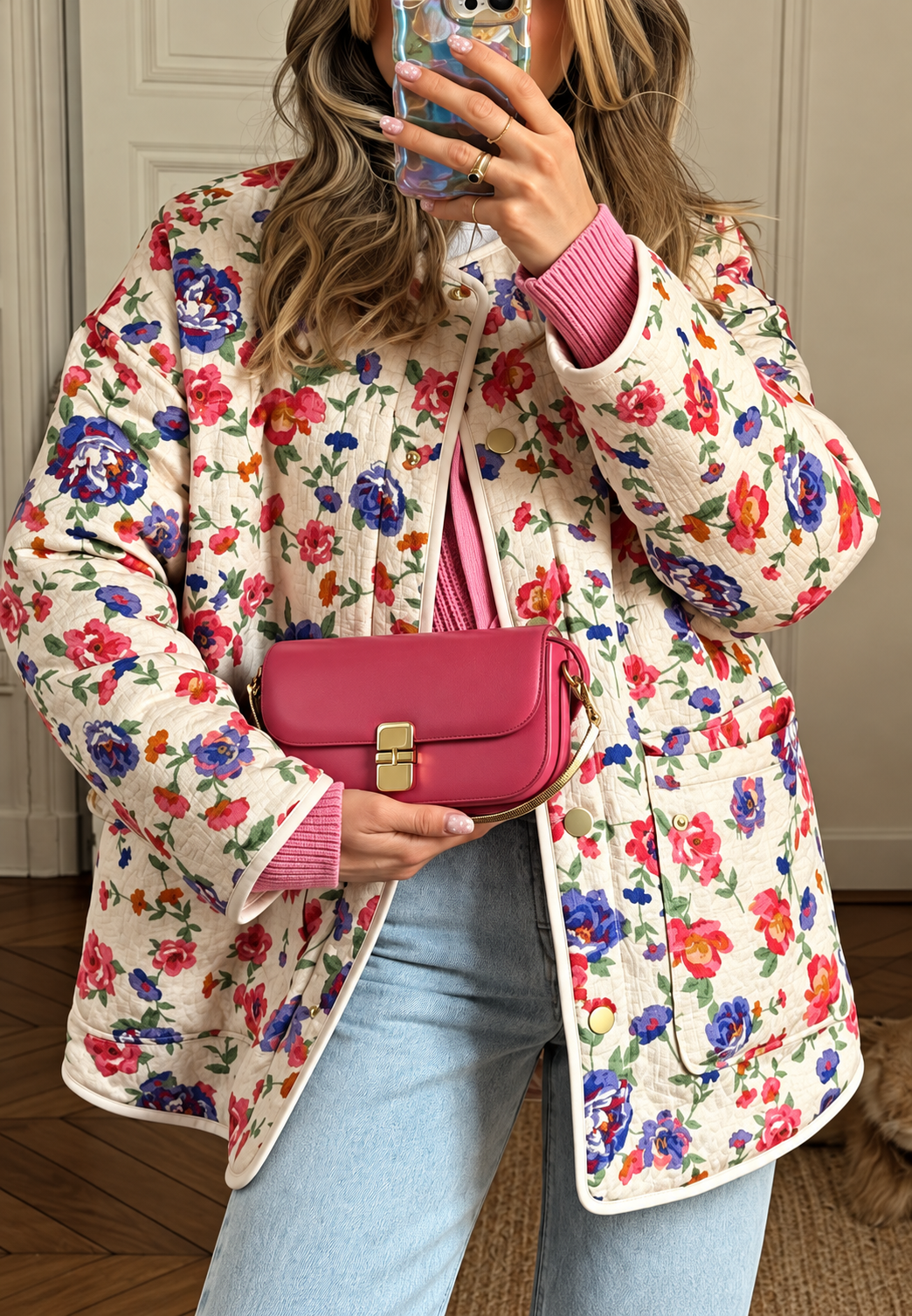 Veste fleurie femme matelassée en losanges à boutons avant - Elizabeth