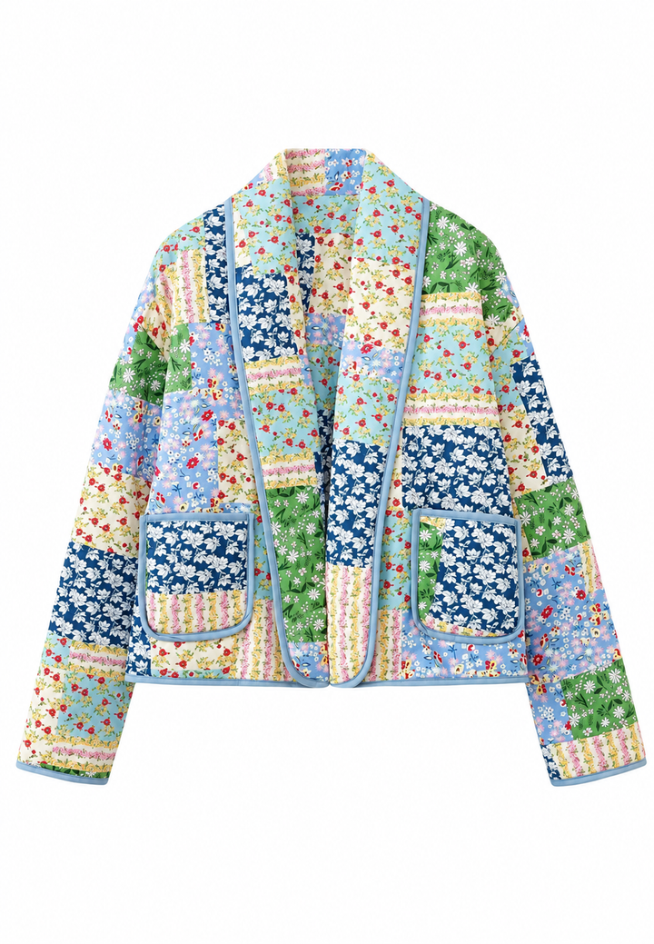 Veste matelassée femme à carreaux floraux patchwork et revers - Bettina