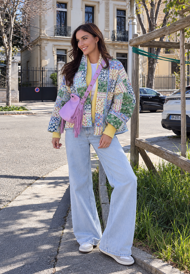 Veste matelassée femme à carreaux floraux patchwork et revers - Bettina