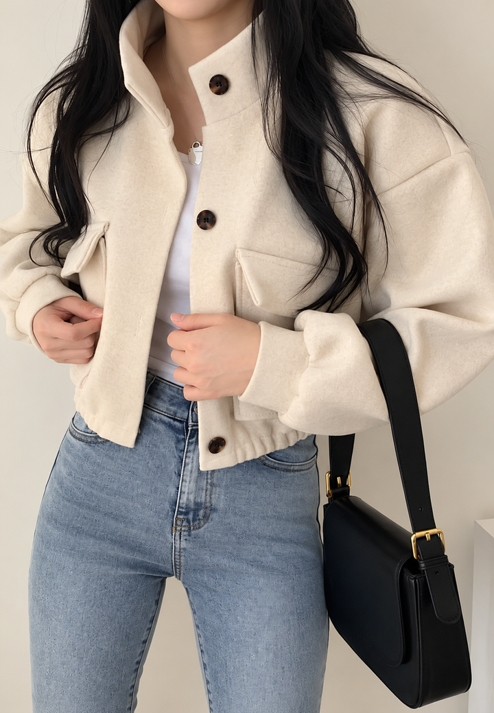 Veste courte pour femme, col montant, boutons, manches larges - Aveline