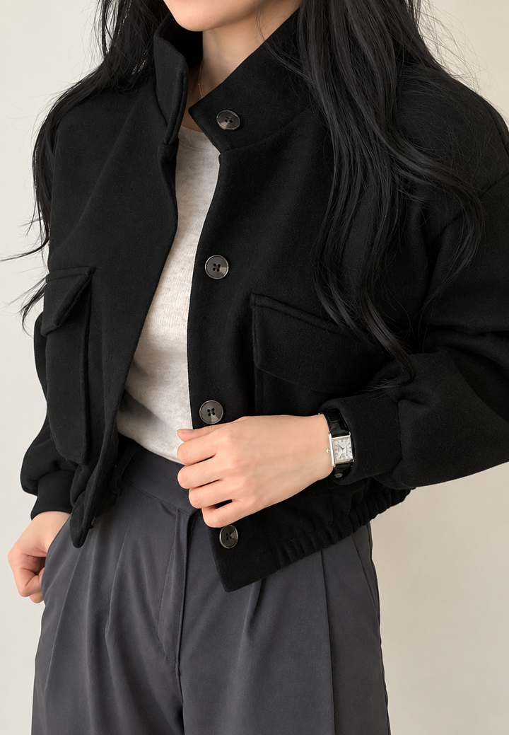 Veste courte pour femme, col montant, boutons, manches larges - Aveline
