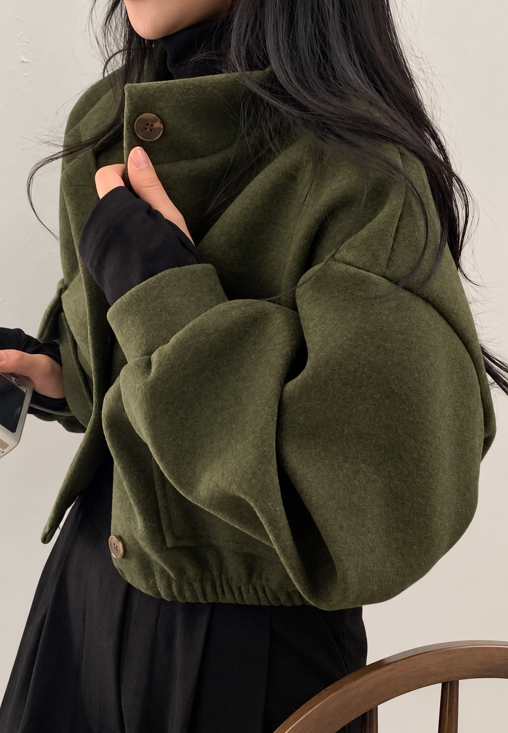 Veste courte pour femme, col montant, boutons, manches larges - Aveline