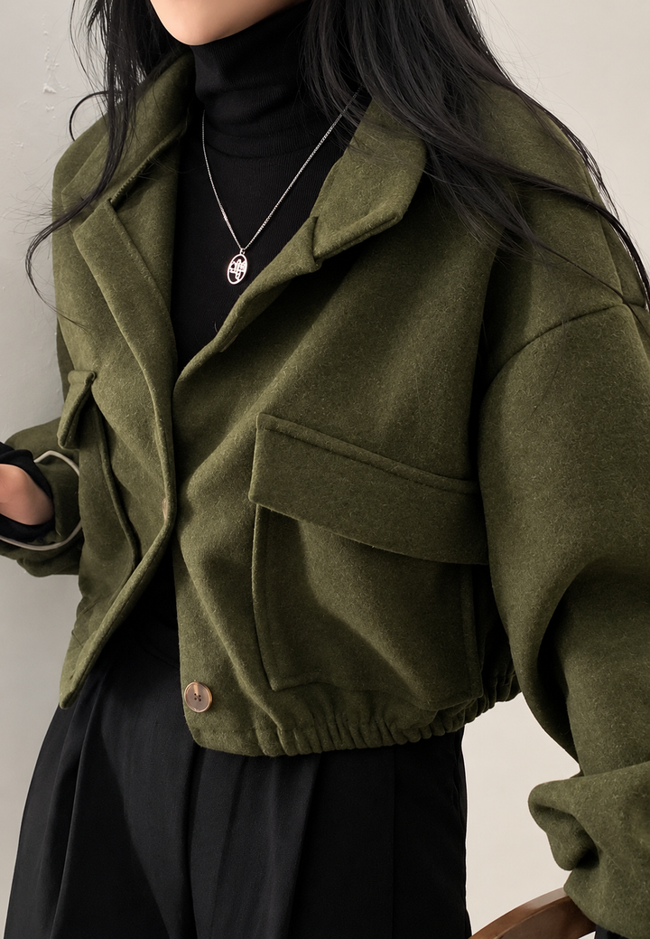 Veste courte pour femme, col montant, boutons, manches larges - Aveline