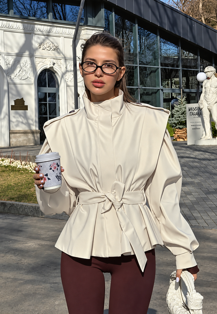 Veste femme courte à basque, ceinture et épaulettes - Valen