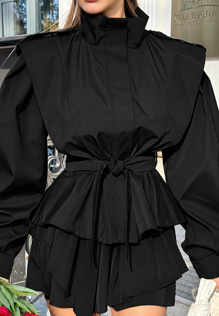 Veste femme courte à basque, ceinture et épaulettes - Valen