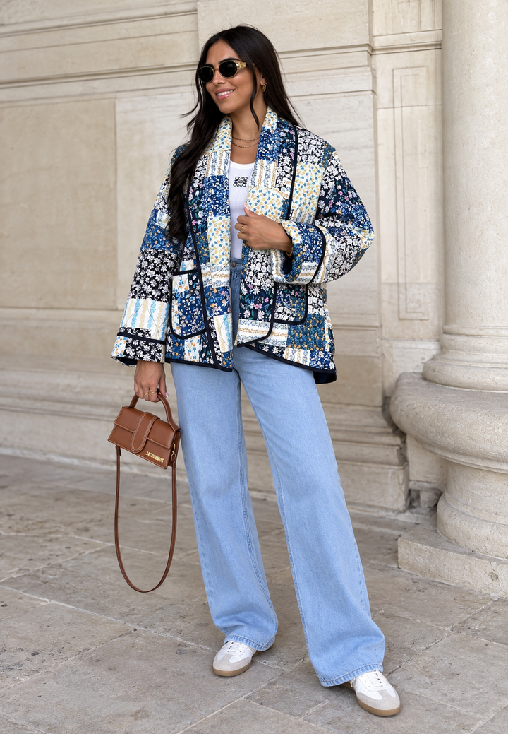 Veste matelassée femme à carreaux floraux et larges revers - Irmela