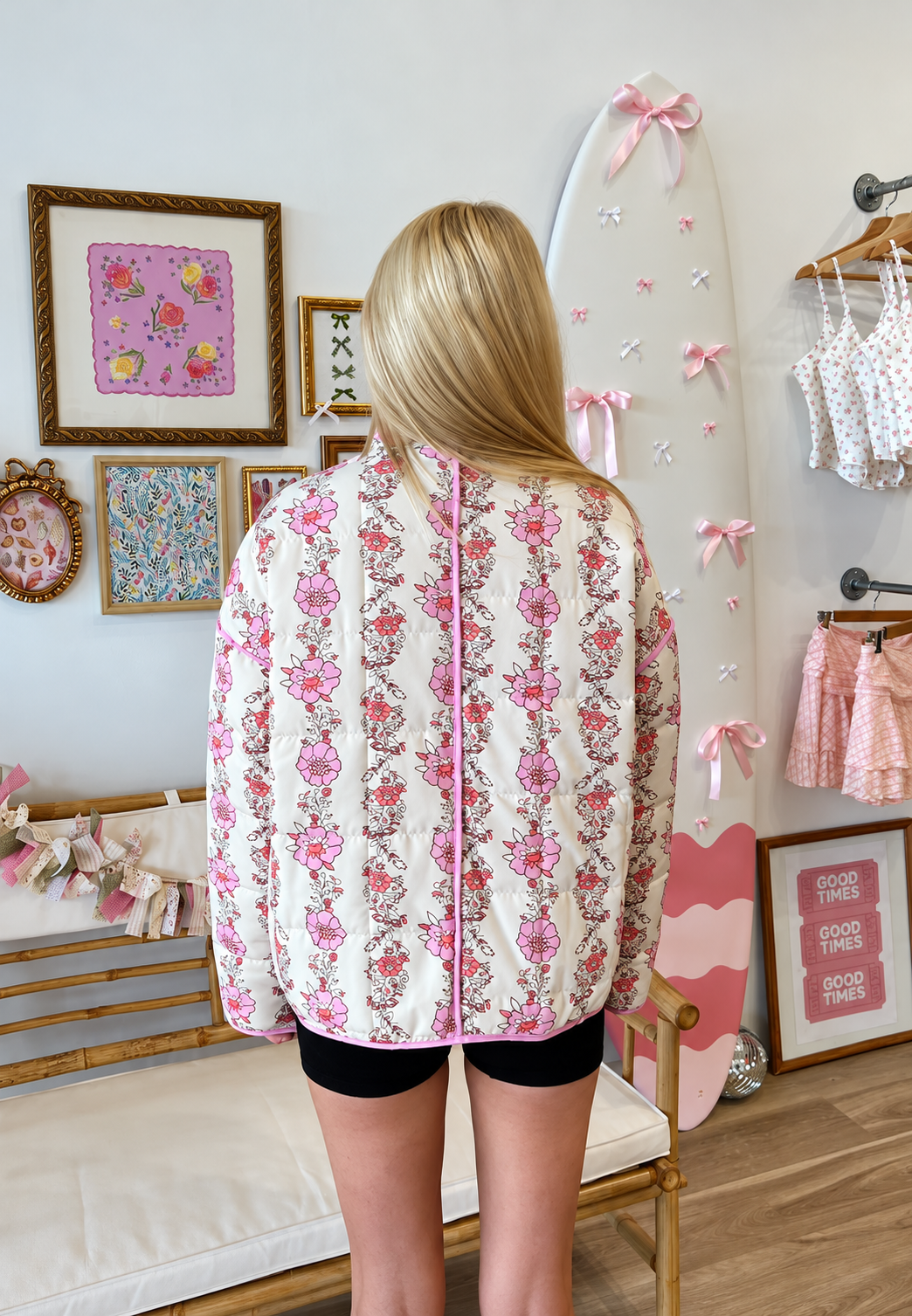 Veste matelassée fleurie femme à col montant et bordures - Ludovica