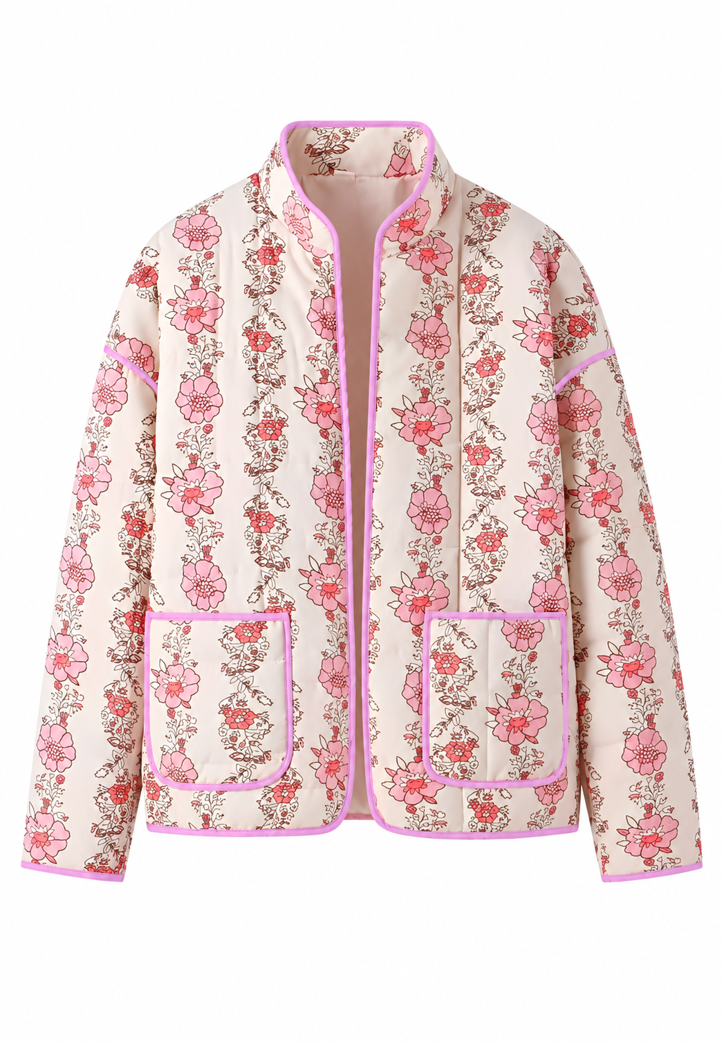 Veste matelassée fleurie femme à col montant et bordures - Ludovica