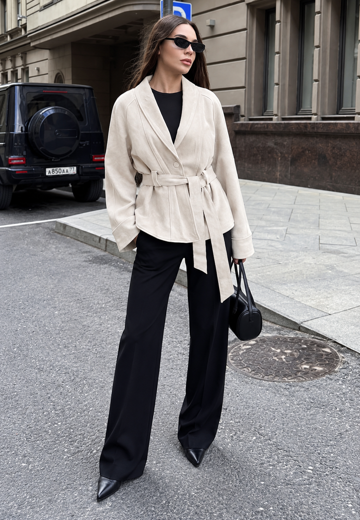 Veste femme effet daim à ceinture et manches amples - Nadia