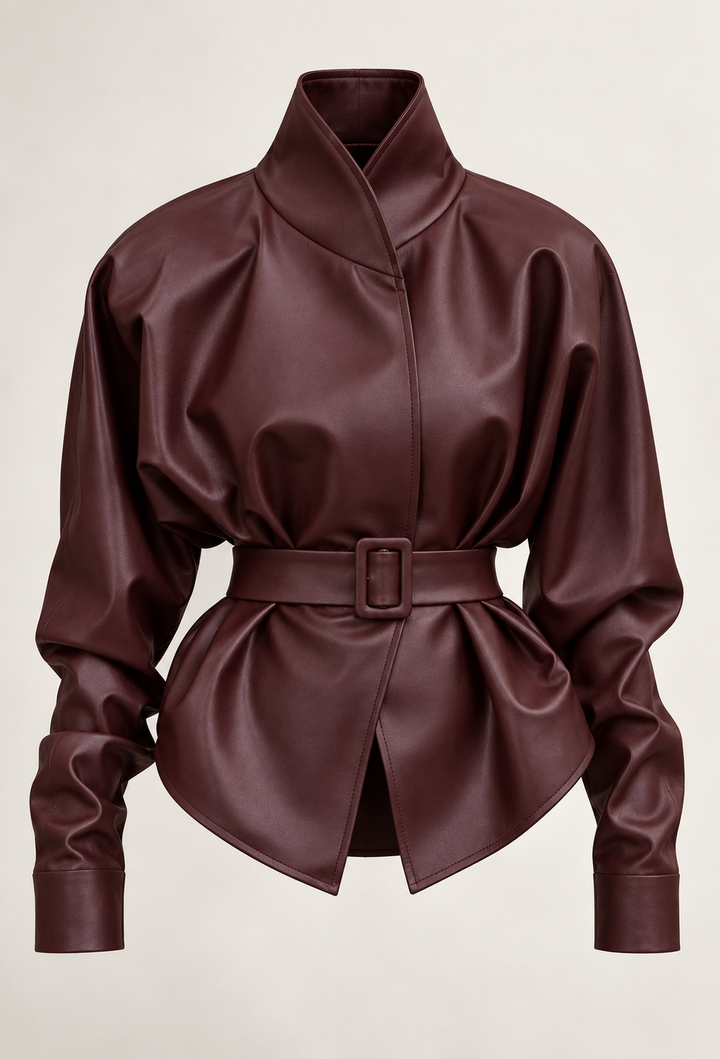 Veste femme effet cuir à ceinture ajustable et col montant - Doria